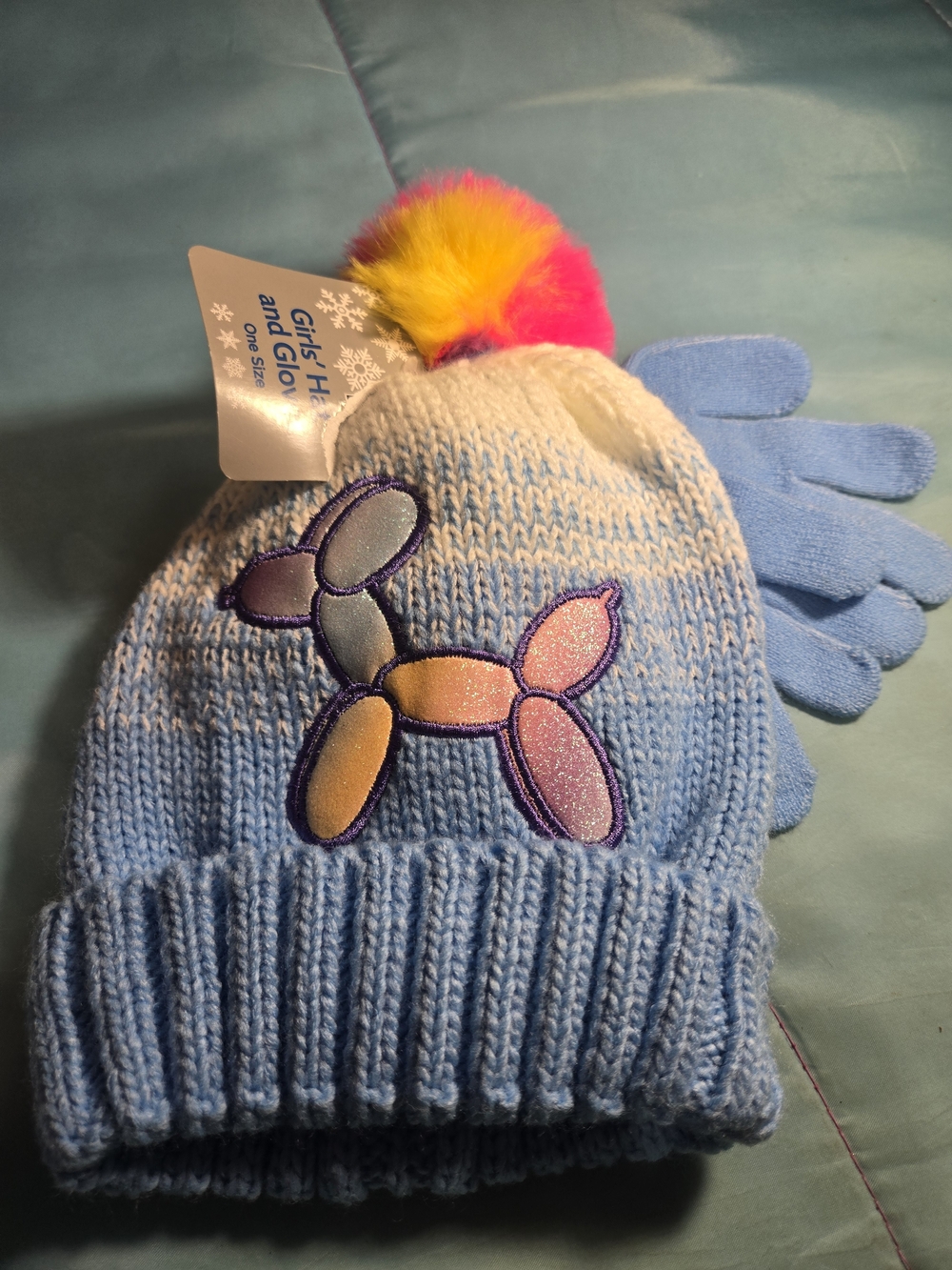 Girls' Light Blue Knit Beanie with Colorful Pom-Pom and Balloon Dog Patch